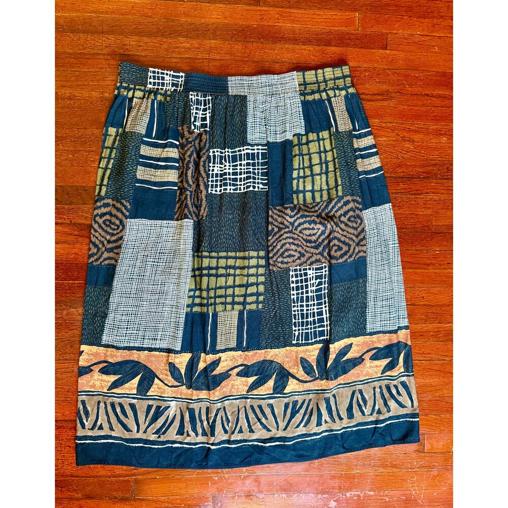 Vintage 70s Box Office Black Brown Neutral Maxi Abstract Unique Skirt Fairy L XL